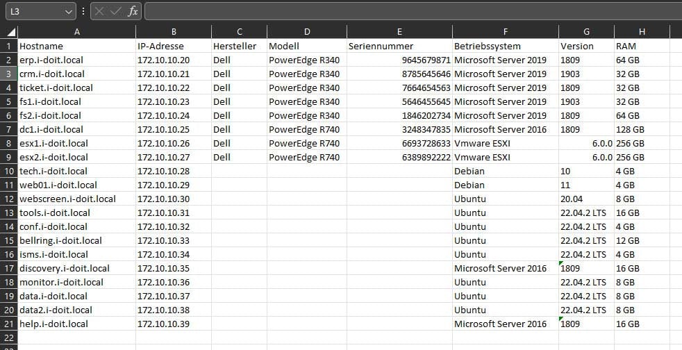 Server-Dokumentation: Liste mit Servern in Excel