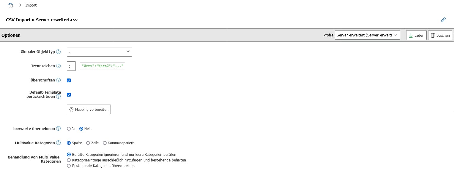 Server-Dokumentation: Trennzeichen bei CSV-Import konfigurieren