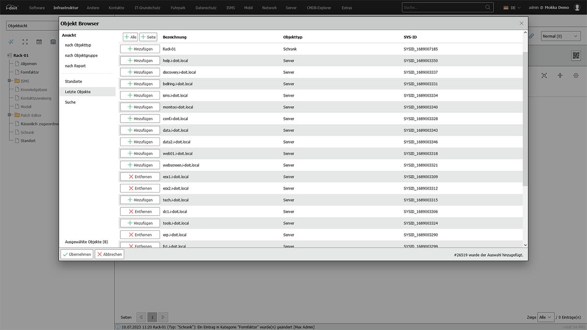 Server-Dokumentation: Hinzufügen mehrerer Server zu einem Serverschrank in i-doit