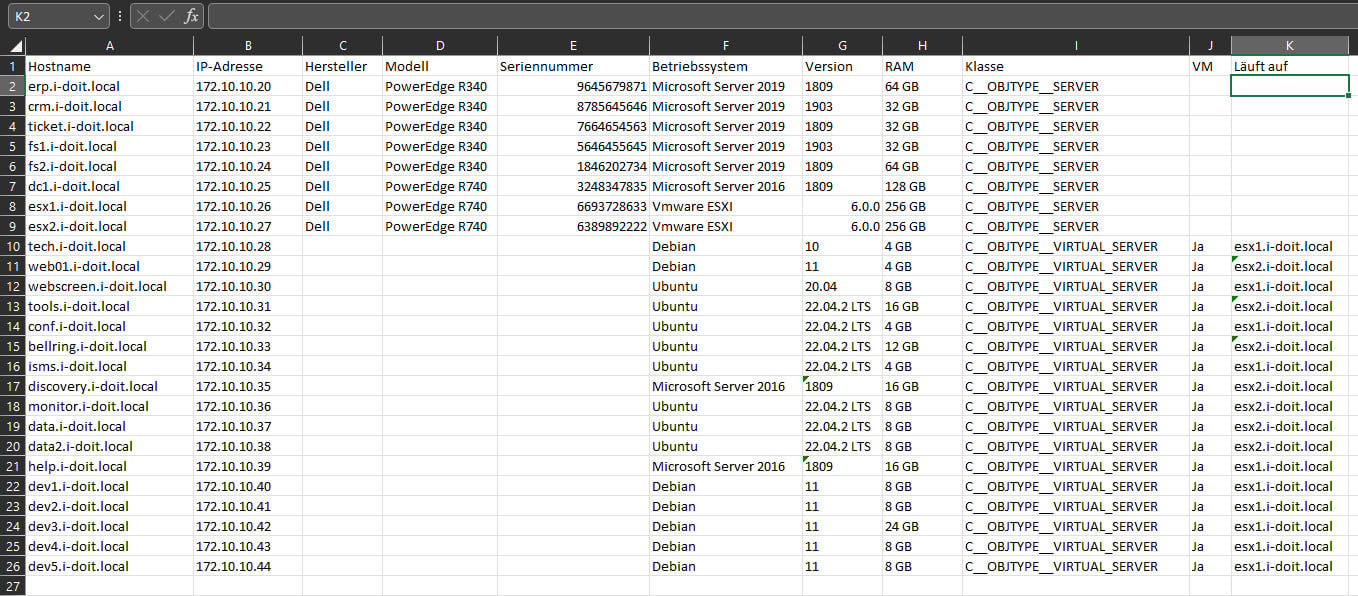 Server-Dokumentation: Erweiterte Liste der Server in Excel