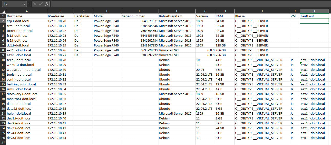 Server-Dokumentation: Erweiterte Liste der Server in Excel